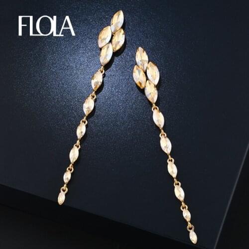 FLOLA Fashion Super Long Earrings Jewelry For Women Wedding Crystal Rhinestone Tear Drop Earring for Bridals Bijoux ersm69