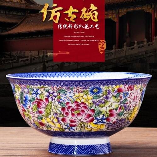 10 inch Jingdezhen Phnom colorful flower Dinnerware Home Kitchen bowl tableware bone china large deep bowl Instant noodle bowl