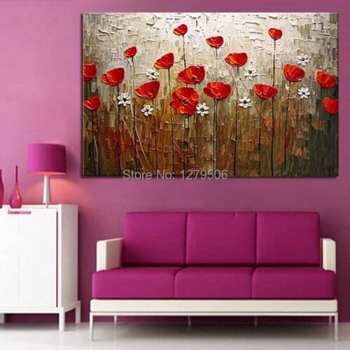 100%Handmade Modern Abstract Decorative Red Flowers Oil Painting On Canvas Wall Art For Living Room Decor