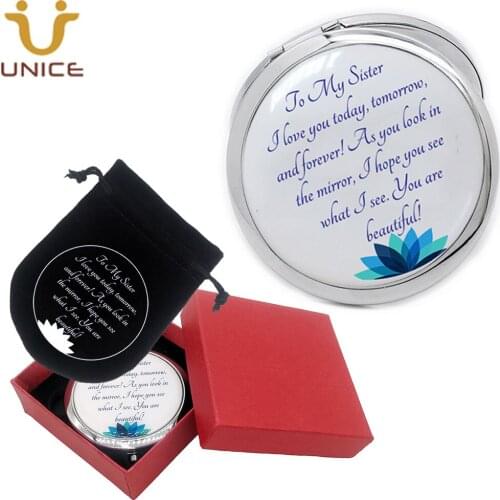 100pcs/lot Custom LOGO Portable Makeup Mirror Pocket Mirror Silver Round Cosmetic Mirrors with Gift Box and Velvet Bag