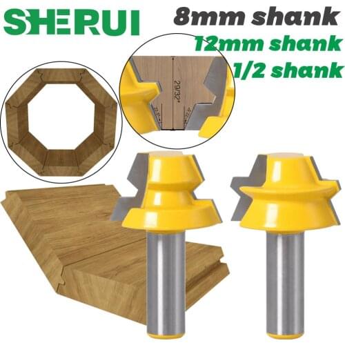 2pc Lock Miter Router 22.5 Degree Glue Joinery Router Bit - 1/2" 12mm 8mm Shank Woodworking cutter Tenon Cutter for Woodworking