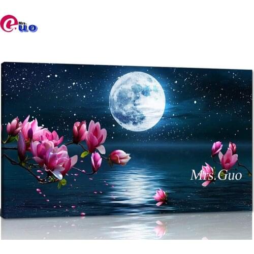 Diamond Embroidery 5d Pink Magnolia Flower Art Moon Over Sea Full Square Diamond Painting Blue Ocean Under Moonlight Landscape
