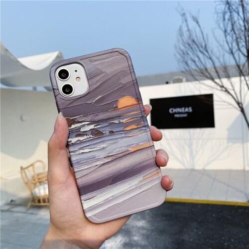Retro sunset Beach wave art Oil Painting Phone Case For iPhone 12 11 Pro Max XS XR X 7 8 Plus 12 mini 7Plus case Cute Soft cover