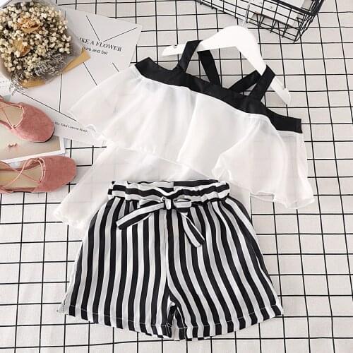 Kids Clothes for Girls Bow stripe shorts and Chiffon Top Summer Suit Korean Style Childrens Clothing Sets Baby Toddler Set
