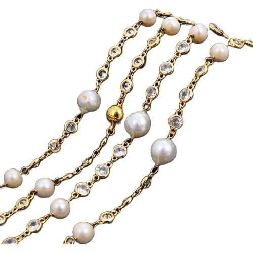 GG Jewelry 69'' Natural White Keshi Pearl Crystal CZ Chain Necklace