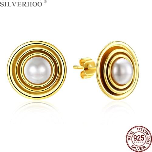 SILVERHOO 925 Sterling Silver Round Stud Earrings Gold Color Pearl Earrings For Women Anniversary Party Forever Fashion Jewelry