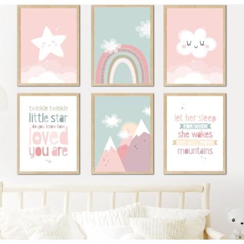 Baby Girl Room Decor Painting Pink Poster Rainbow Canvas Wall Art Prints Nordic Pink Style Pictures for Bedroom Frameless