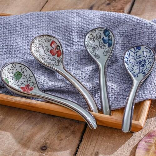 Ceramic Spoon Japanese Retro Hand-painted Flowers 16.5*5cm Soup Rice Scoop Tableware Household Kitchen Supplies Dinnerware