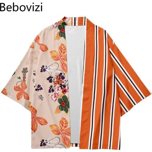 Harajuku Japanese Sets Fashion Kimono Plus Size 5XL 6XL Orange Striped Beach Men Women Cardigan Haori Obi Clothes Pant Suit