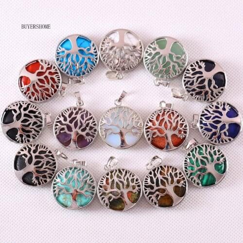 Silver Color Tree of life Round Necklace Pendant 25MM Natural Stone Sandstone Tigers Eye Malachite Howlite Crystal 1Pcs