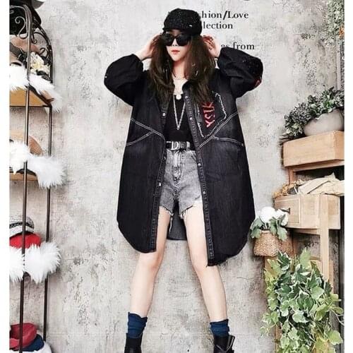 Fall 2020 Black Oversized Denim Jacket Women Loose Korean Style Slim Casual Long Plus Size Letters Jean Jacket Female Coats