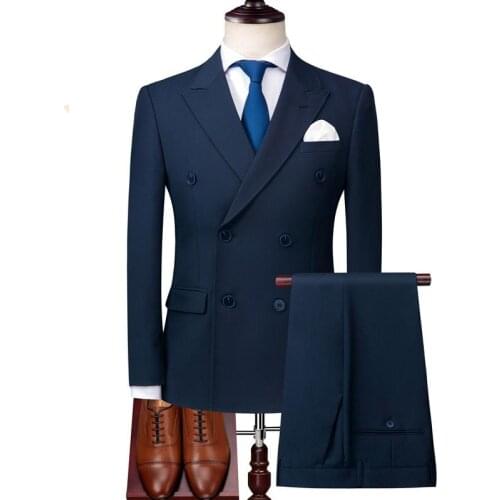 2 Pieces Wedding Navy Blue Suit Men 2020 Slim Fit Italian Double Breasted Suits Mens Wedding Suits Tuxedo Formal Business Wear