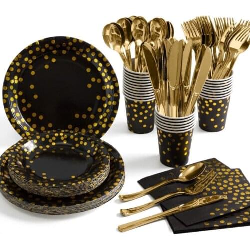 Black and Gold Party Supplies 175 Pieces Golden Dot Disposable Party Dinnerware Black Paper Plates Napkins Cups Gold Plastic