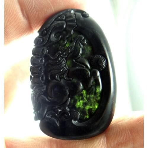 52*35Wholesale natural Chinese black green stone hand-carved statue of Dragon and Phoenix amulet pendant necklace Jewelry Making