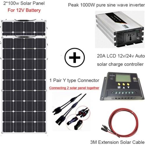 2*100W solar system Flexible Solar Panel 1000w 20A LCD 12V/24V Controller Surge 1000W Pure Sine Wave Inverter solar battery