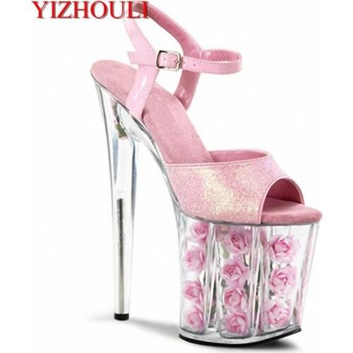 Wedding dress shoes party stage womens dress sandals 20 cm high and transparent crystal sandals 8 inches