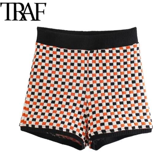 TRAF Women Fashion Jacquard Check Knitted Shorts Vintage High Elastic Waist Patchwork Female Short Pants Mujer