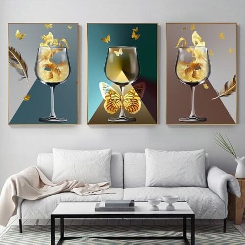 Creative Golden Butterfly Cup Landscape Wild Goose Modern Decorative Picture Canvas Wall Art Poster for Room Hotel Office Decor