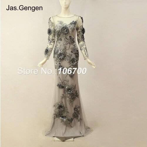 Amazing 3D Embroidery Lace Flower Mermaid robe de soiree Evening Dress Long Sleeves Sheer Illusion Long Girl Bridal Prom Gowns