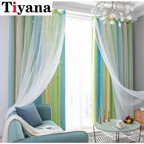 Green Romantic Rainbow Color Sheer Curtain Girl Kids Bedroom High Blackout Window Drapes Hollow Star Curtain Home Decor M080D
