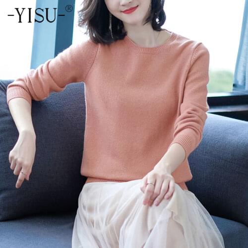 YISU Women wool Sweater Autumn Winter O-Neck Warm Tops Solid color Long sleeve Knitted pullover Casual Simple Female Jumper