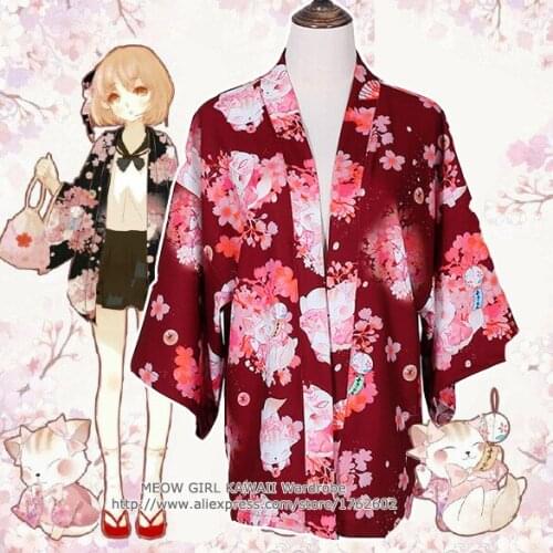 "Onegai Neko" Praying Cat Womens Japanese Kimono Style Kawaii Blossom Bunny Trench Cute Lolita Loose Outwear 4 Colors