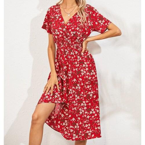 Women Summer Dress 2021 Vintage Floral Print Casual V-Neck Short Sleeve A-Line Chiffon Beach Elegant Midi Dresses