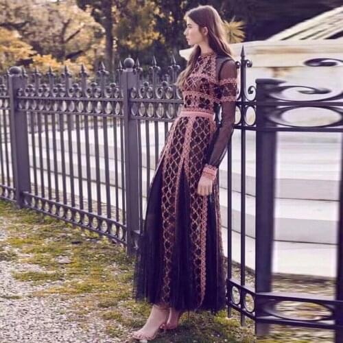 Dresses Maxi Luxury Runway Embroidery Striped O-neck Lace Plaid Plus Size Dinner Party Dress For Women Autumn Winter Fashion Za