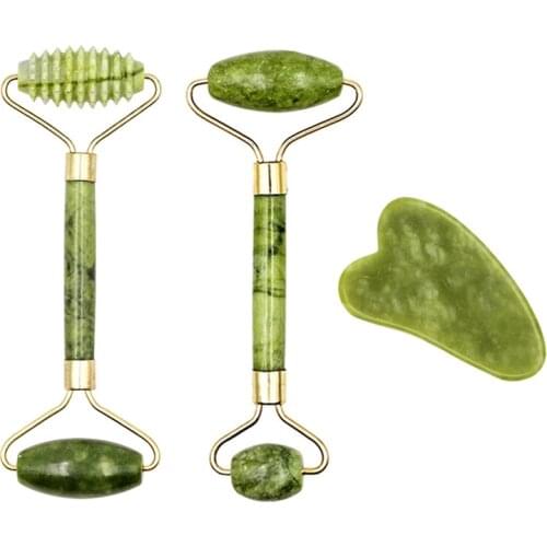 1 Set Green Jade Roller with Guasha Board Face Massager Slimming Natural Stone Facial Massage Eye Neck Thin Care Tool