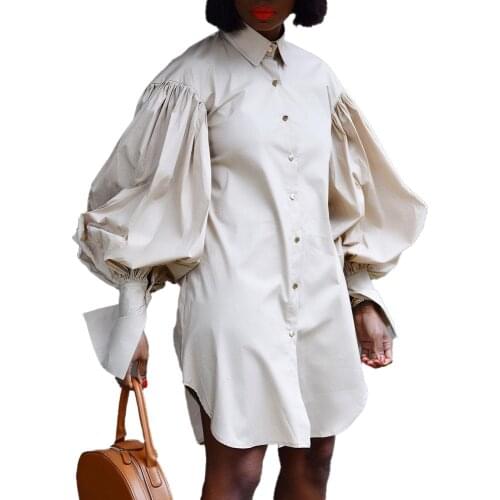 Women 2021 Red Black Lapel Puff Sleeve Shirt Dress Sexy Club Party Mini Dress Spring Summer Long Shirts S-3XL Clothes Vestidos