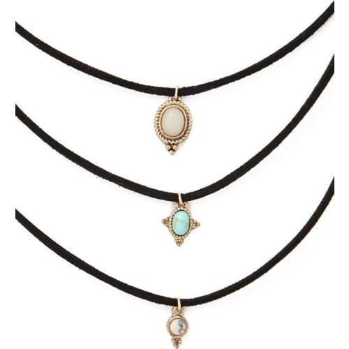 3 / sets) wild little gem artificial black leather short clavicle chain necklace female wild necklace