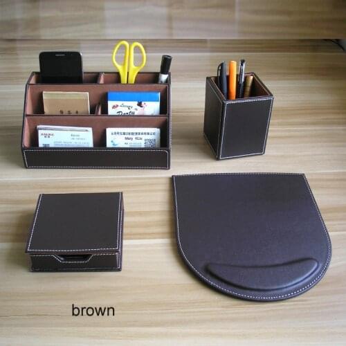 4PCS/set PU leather wood multifonctional desk organizer office stationery bureau organizer holder offices desk accessories K219