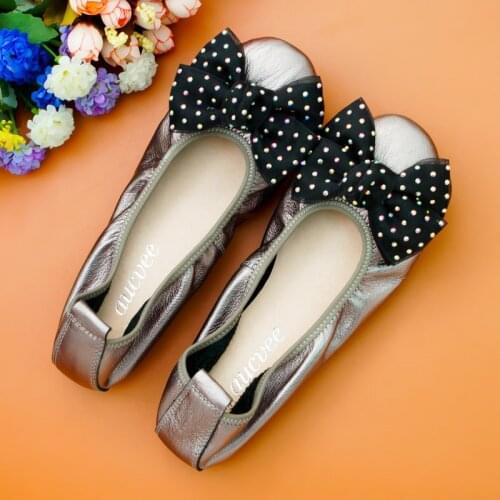 Genuine Leather Ballet Flats Round Toe Womens Shoes Shallow Slip On Flats Shoes For Woman Foldable Ballerina Flats Size 34-44