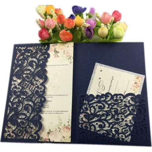 Free Drop Shipping 25X Laser Cut pocketfold Wedding Invitations Cards 3 Folds Greeting Cards/Customize Business Invitations RSVP