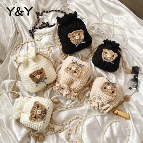 Y&Y Homemade Cute Bear Wool Hand-woven Bag Diy Material Drawstring Bag Thick Wool Knitted Shoulder Messenger Bag Small Handbags
