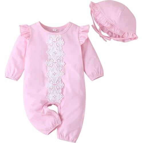 Newborn Baby Girl Long Sleeve Romper Bodysuit Playsuit Floral Lace Jumpsuit Hat Baby Girls Clothes Outfit