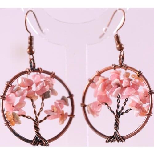 Tree of life - Natural Stone Beads Pink Rhodonite Copper Wire Wrap Round Dangle Earrings 1Pair U398