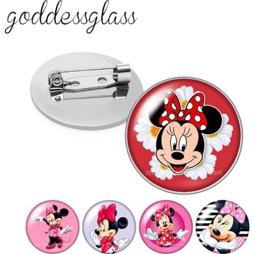 Disney Cute Minnie mouse Round Glass cabochon Silver color Brooch Dome Photo Jewelry Brooches Pin For Gift