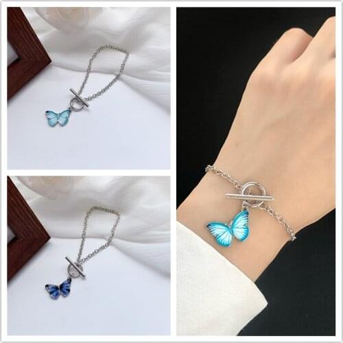 Cute Round Hollow Metal Hoop Stick Blue Butterfly Pendent Bracelet Bangle Wristband Wrist Jewelry Bracelets for Women Girls Gift