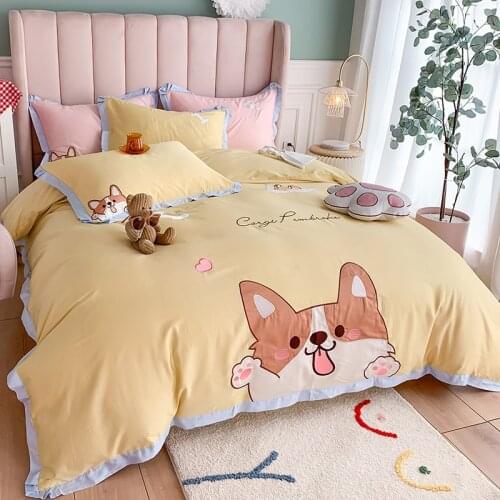 Kawaii Corgi Bed Sheet Cute Dog Luxury Cotton Kids Bedding Sets Duvet Cover With Pillows Full Queen Size Bed Sheets Set For Girl