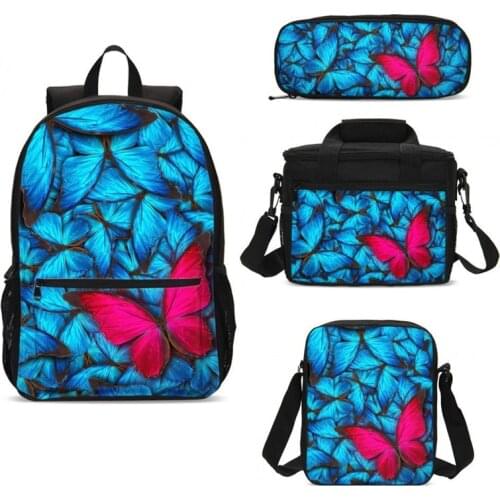 Cute Bookbags Butterfly Rose Print 4pcs School Bag Set Girls Kids Women School Backpack With Lunch Case Penbag mochila escolar