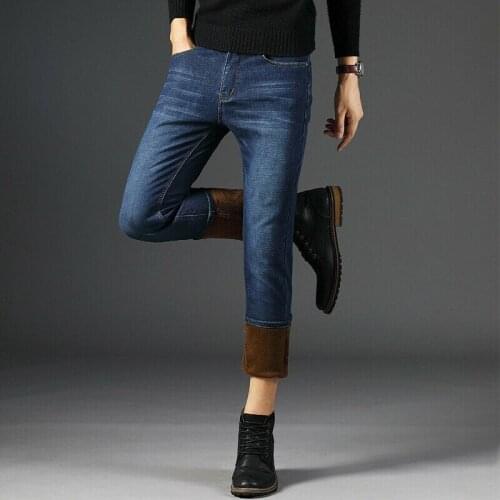 Men Winter Thermal Denim Pants Jeans Fleece Lined Warm Straight Leg Trousers Comfortable Versatile Self Cultivation