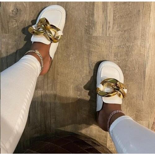 Mules Shoes Women Slippers Flats Designer Slides Size 43 White Black Luxury Big Chain Sandals Moda Feminina Verao 2021 Pantoufle