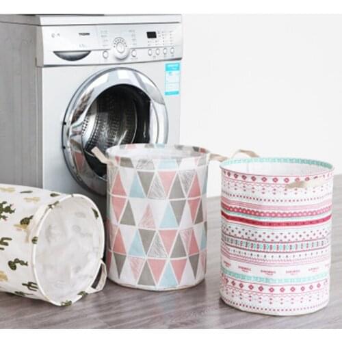 Collapsible Laundry Basket Laundry Hamper with Handles Waterproof Round Cotton Linen Laundry Hamper Printing Household Organizer