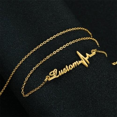 Stylisteel Fashion Custom Name Necklace Gold Stainless Steel Engraving Letter With Heartbeat Nameplate Pendant Thin Chain