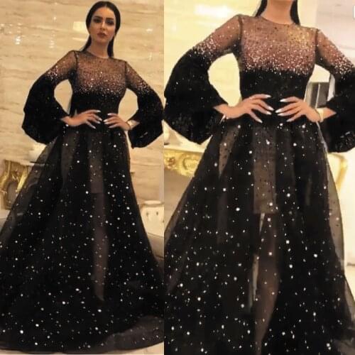 SuperKimJo Gala Jurken Dames Black Beaded Sparkly Prom Dresses 2020 Arabic Crystals Luxury Long Sleeve Prom Gown