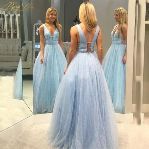 Light Blue Fairy Girl Cinderella Prom Dress Sexy V neck Long Party Dress Glitter Tulle Girl Formal Dress Gowns Vestido Plus Size