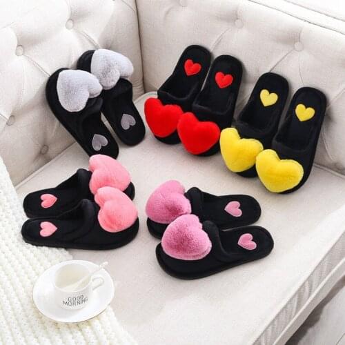Women Slippers Love Heart Cotton Slippers Winter Fur Slides Ladies Home Furry Slippers Warm Indoor Shoes Claquette Fourrure