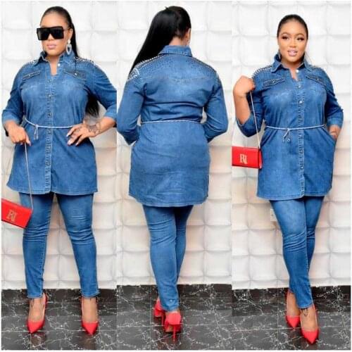 African Women 2 Piece Set Denim Coat and Jeans Autumn Winter Long Sleeve Diamond Jacket Long Pants Matching Set Tracksuit