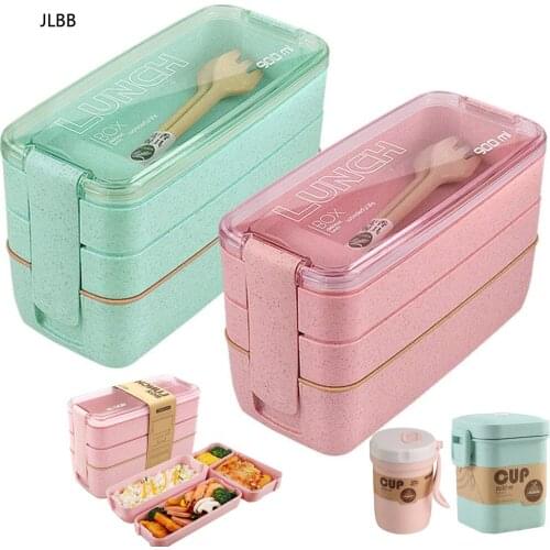 Health Material 3 Layers Lunch Box Microwavable Japanese Bento Food Container Eco-Friendly Wheat Straw 900ml Lunchbox